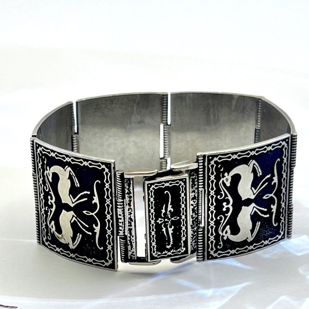 ✨ Vintage Sterling Silver 925 Panel Bracelet - Ornate Niello Enamel Design ✨
